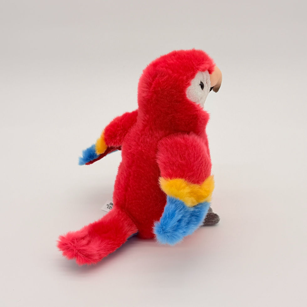 Back view Lil Friends 18cm Red Macaw plush toy with soft red fur, blue and yellow wing tips, gray feet and light beak