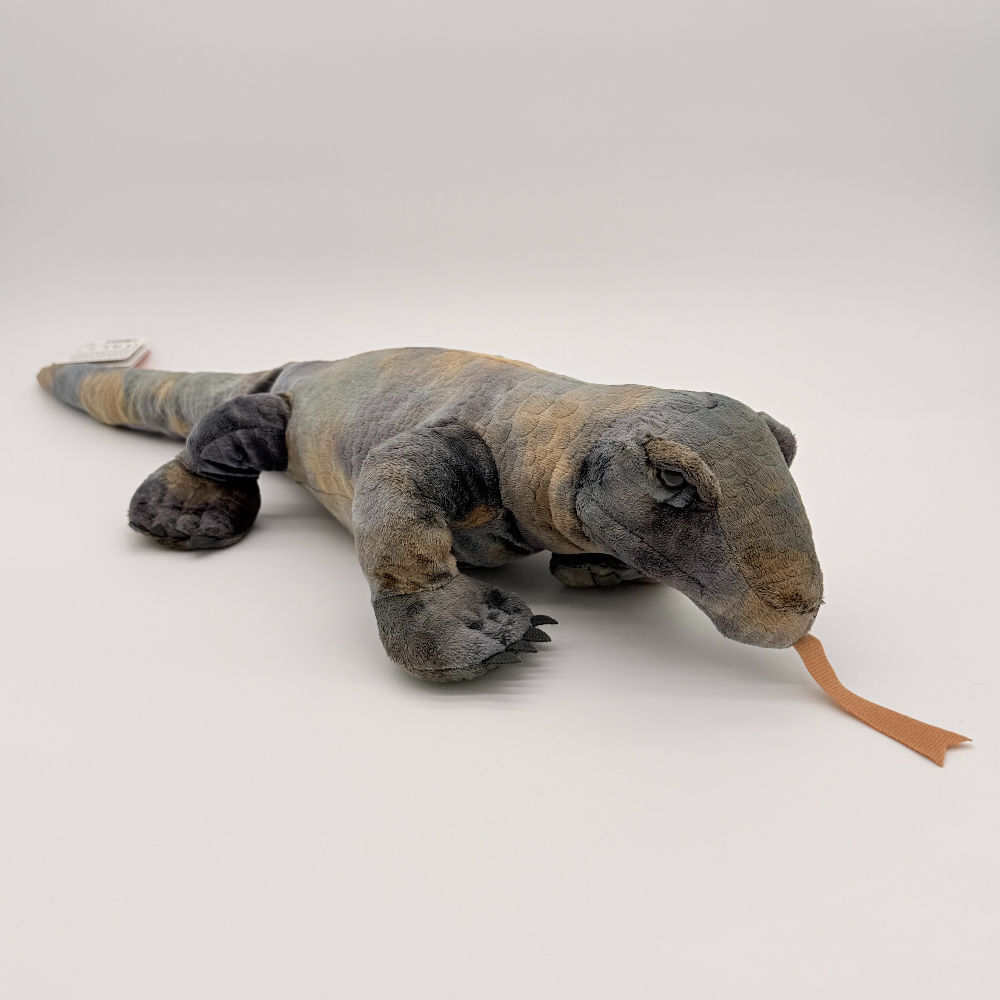 Front view Wild Republic 55cm Komodo Dragon plush toy. Features a soft, brown and gray texture, a long tail and forked tongue