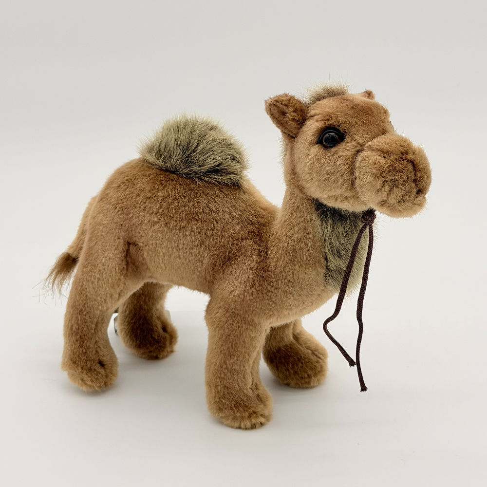 Front view Hansa 22cm plush camel with a realistic tan coat, detailed facial features, and soft sculpted body with one hump