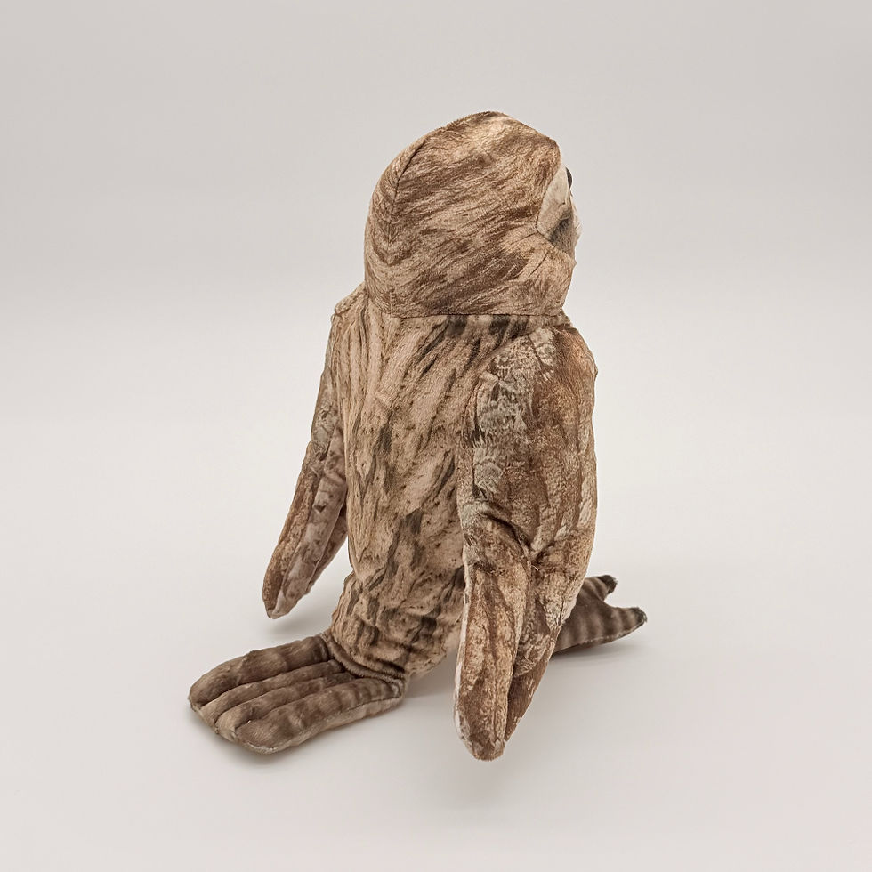 Back view Huggable Toys 26cm Frogmouth Owl plush toy with soft mottled brown and white fabric and large black eyes