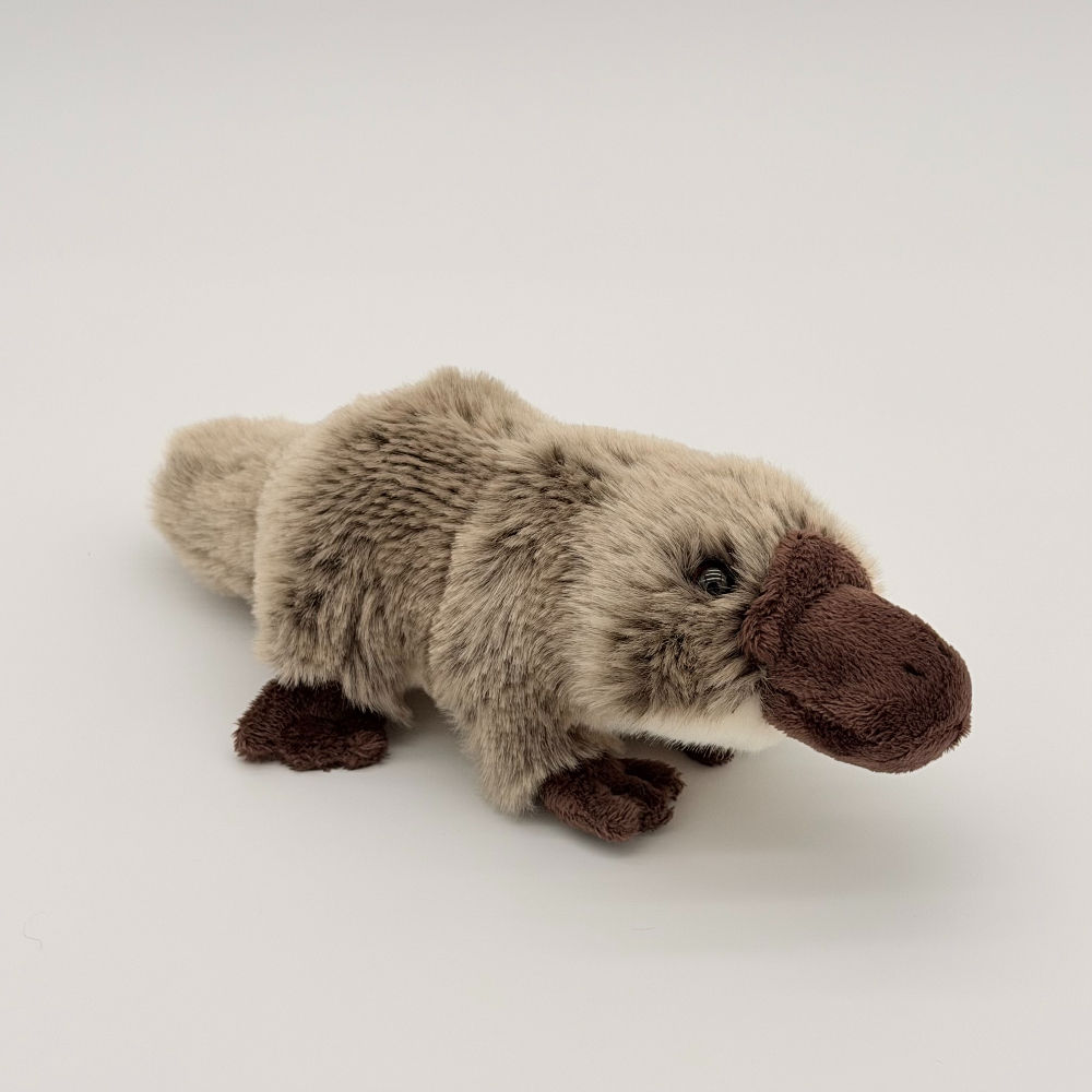 Front view Lil Friends 25cm Platypus plush toy with soft two tone brown fur, dark brown bill and feet and short tail