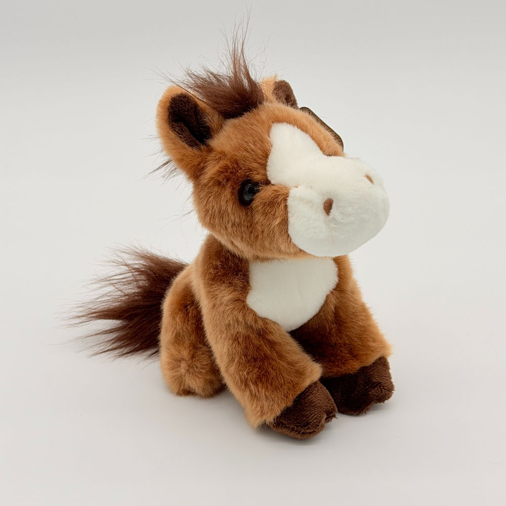 Front view Lil Friends 18cm Horse plush toy with soft brown fur, white chest and nose and dark mane and tail