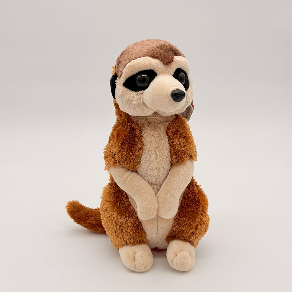 Front view Wild Republic 30cm Meerkat plush toy with tan body, light belly, hands and face and dark patches around eyes.