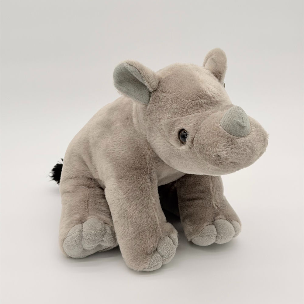 Front view Wild Republic 30cm Baby Rhino plush toy features soft gray fur, cute round ears and tiny horn on nose