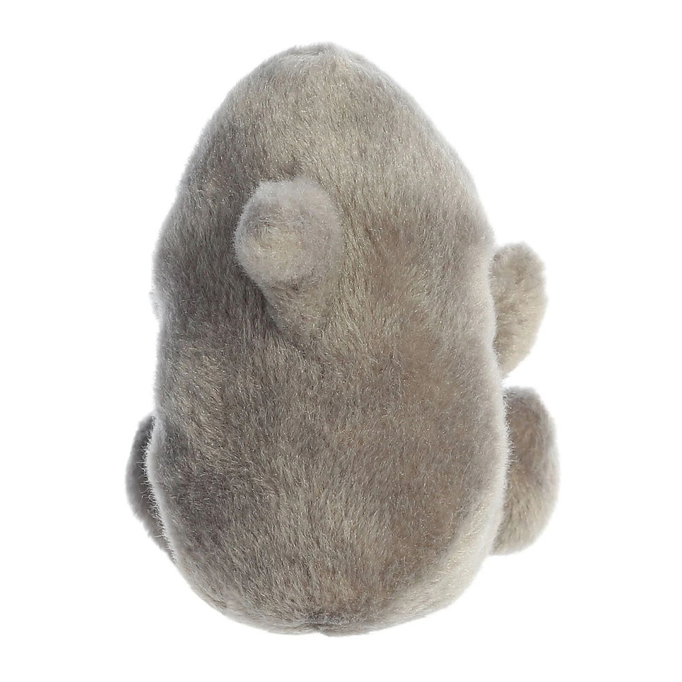 Thumbnail: Back view Palm Pals 13cm Chomps the Shark plush toy. Featuring gray and white fur with wide toothy grin and gray fin