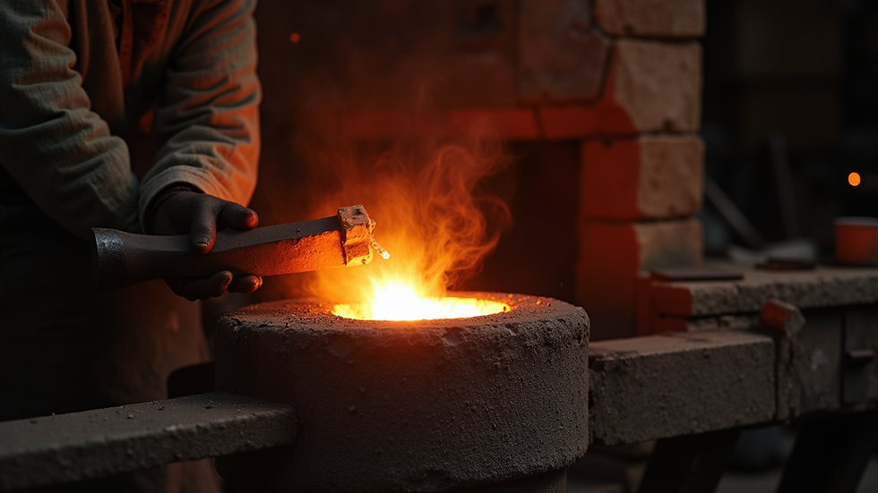 Eye-level view of a traditional blacksmith forge with glowing hot metal