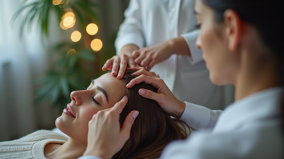 Close-up view of therapist’s hands lightly touching a client’s head during therapy