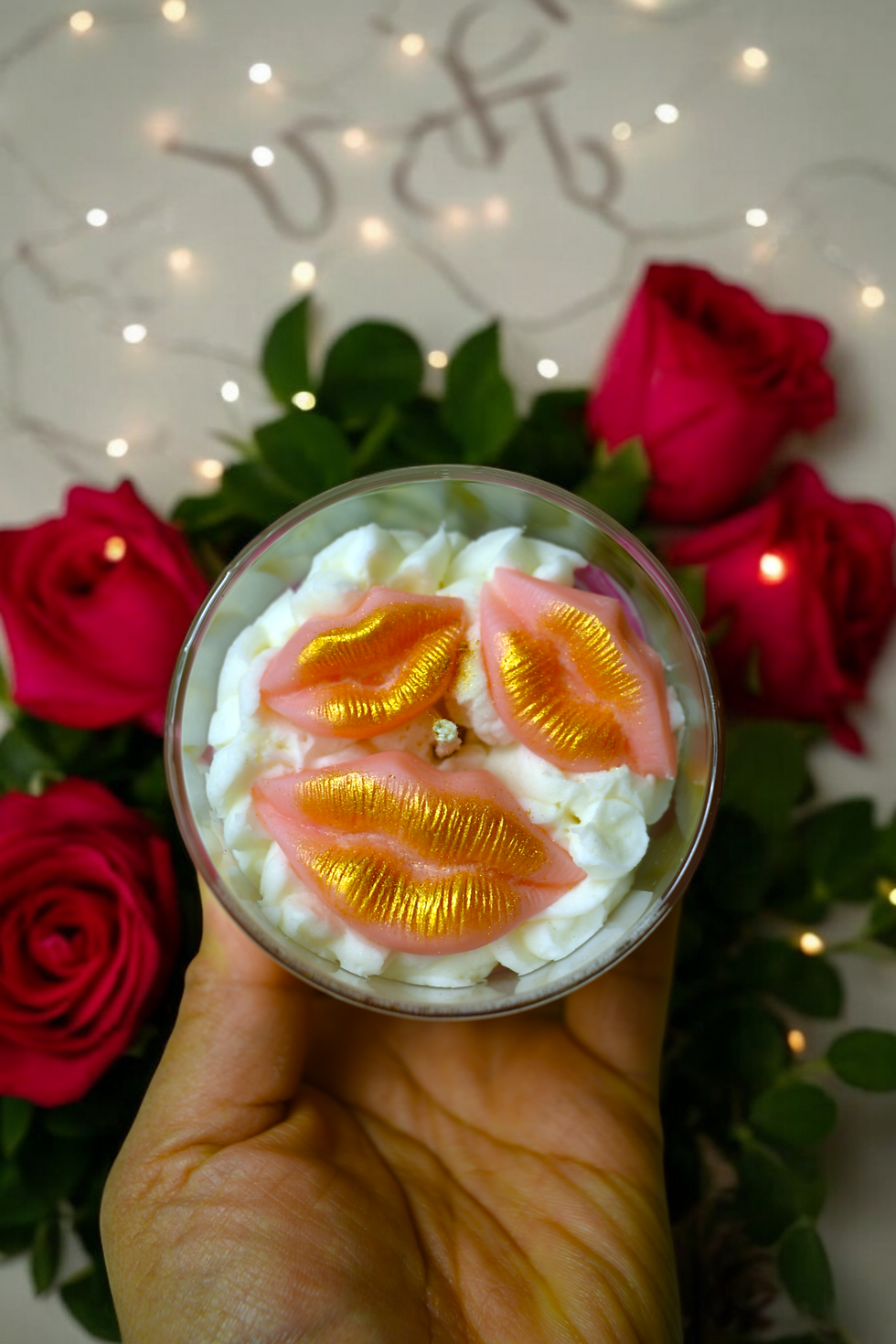 Blushing Kisses: Small Glass Jar Candle with Gold Accents with Cork Lid