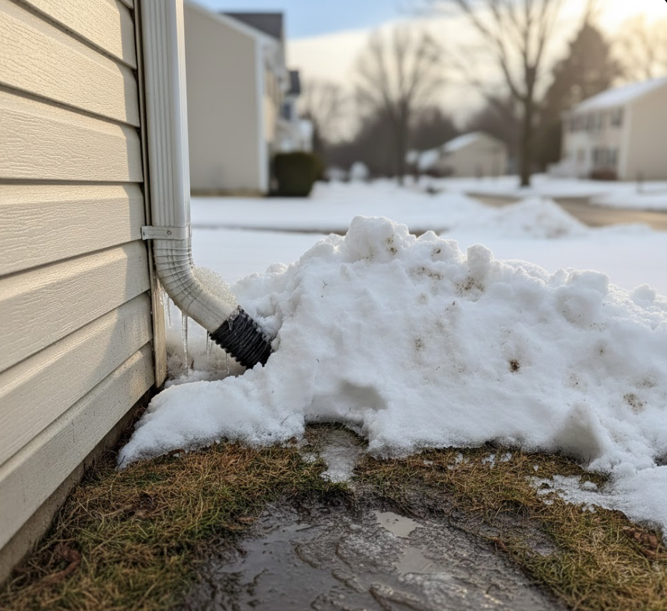 Downspout releases water onto snow pile by a house wall, with icy patches and brown grass. Suburban neighborhood in the background.
