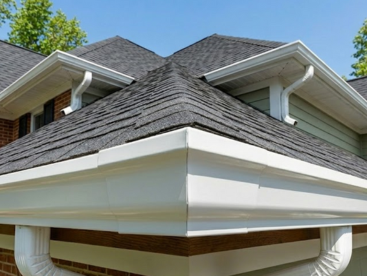 Close-up of a perfectly aligned gutter miter at the roofline of a two-story house, demonstrating a seamless transition between two gutter sections without visible spikes or ferrules.