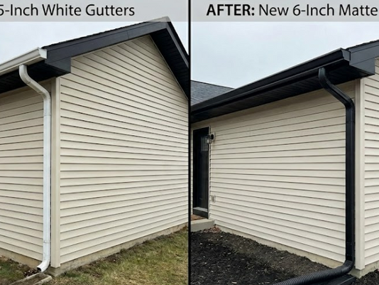Before and after comparison of a Maryland home gutter replacement: Left side shows an old white 5-inch gutter system with drainage issues. Right side shows a Shepherd & Sons 6-inch seamless gutter upgrade in Matte Black with oversized 3x4 downspouts and an extension to protect the foundation.