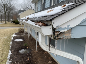 Damaged white gutters pulling away from a rotted wood fascia board on a Maryland home during a February ice thaw, showing sagging and pooling water in the mulch below.