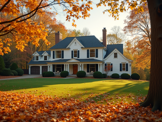 A home surrounded by colorful autumn leaves