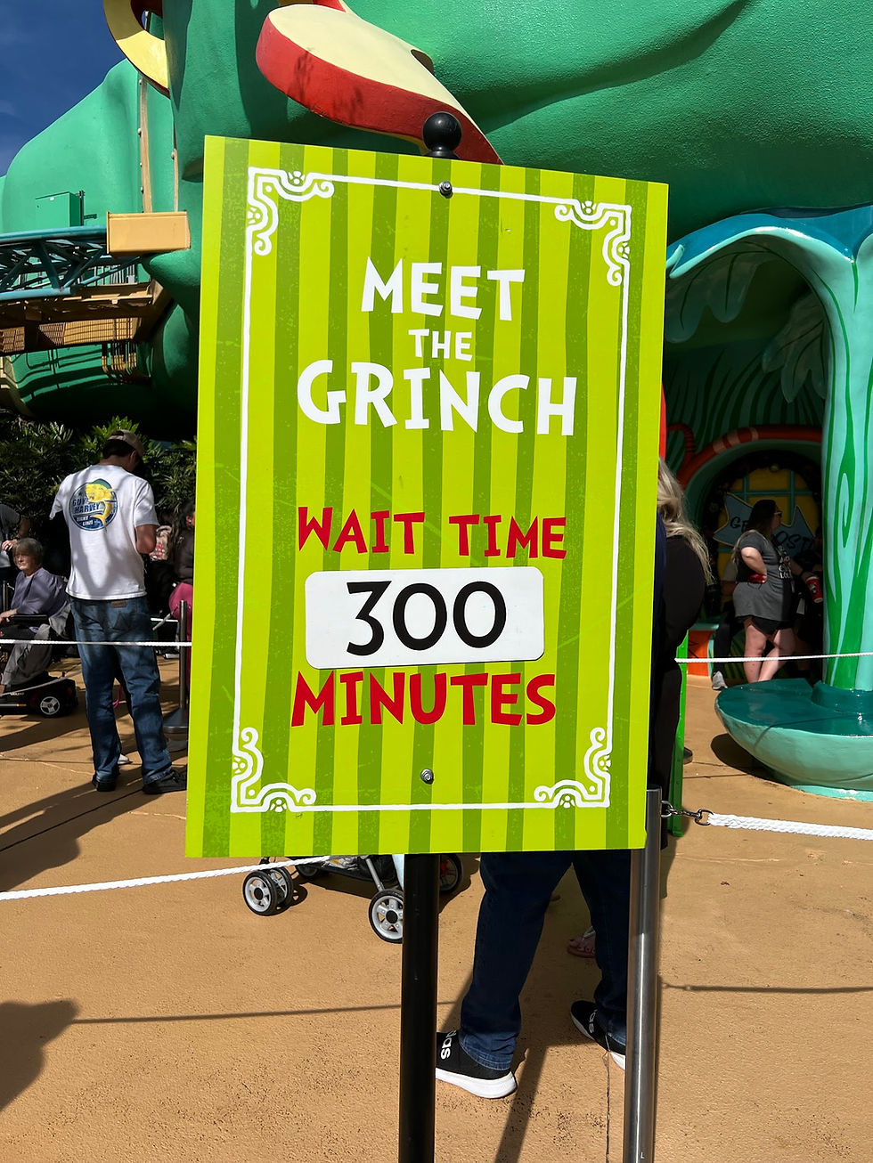 A "Meet the Grinch" sign in Seuss Landing at Universal's Islands of Adventure showing a 300 minute wait time