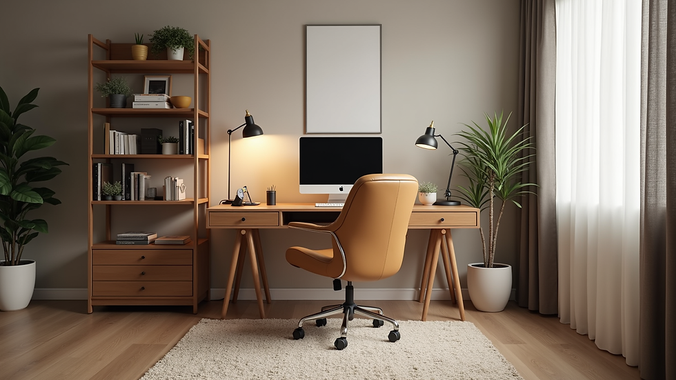 Eye-level view of a cozy home office setup with a stylish desk and comfortable chair
