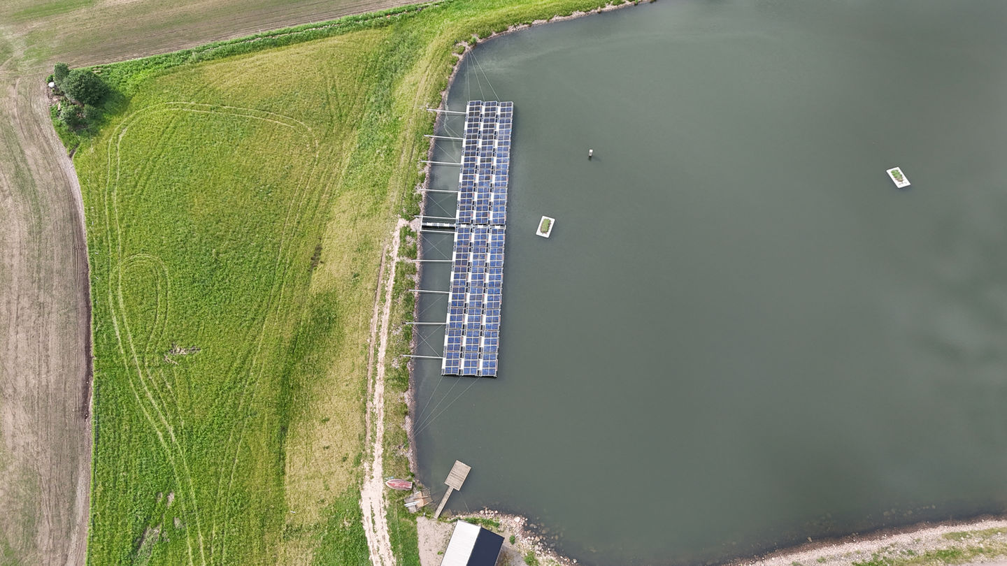 Floating photovoltaic system on irrigation reservoir at Tånga gård farm in Sweden