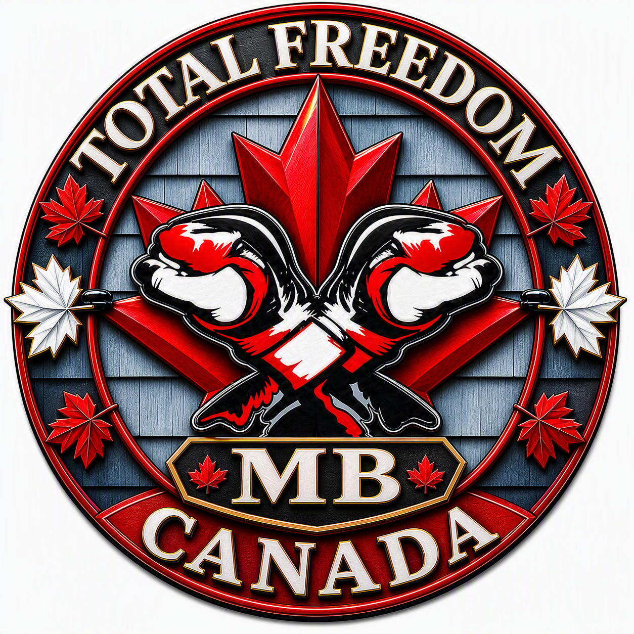 Total Freedom MB Canada logo with maple leaves and gloves.