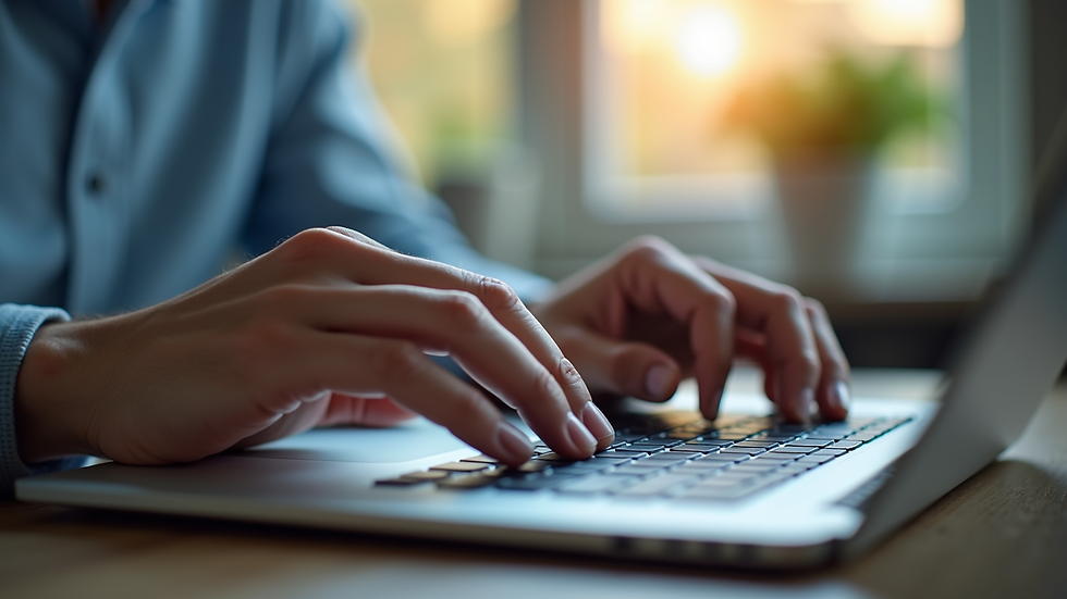 Close-up view of a person’s hands typing on a keyboard during an online support group meeting