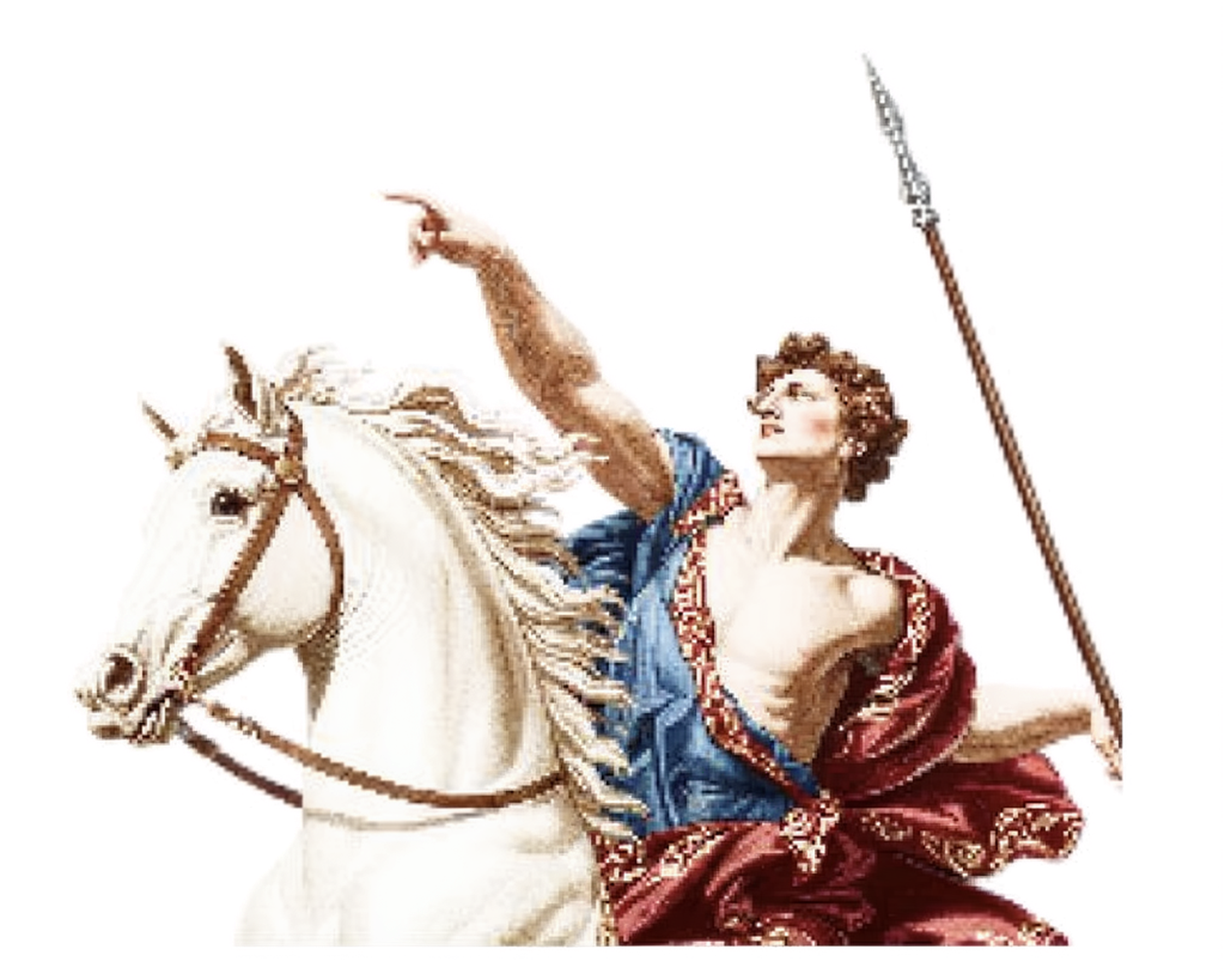 Classical illustration of a rider in a red and blue cloak on a white horse