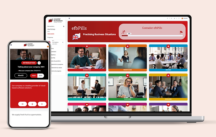 Dispositivos mostrando la interfaz de efbPills con una selección de píldoras educativas para la formación en idiomas de negocios, evidenciando la accesibilidad y la variedad de opciones de aprendizaje que ofrece Essential for Business en formatos adaptados tanto para móviles como para ordenadores