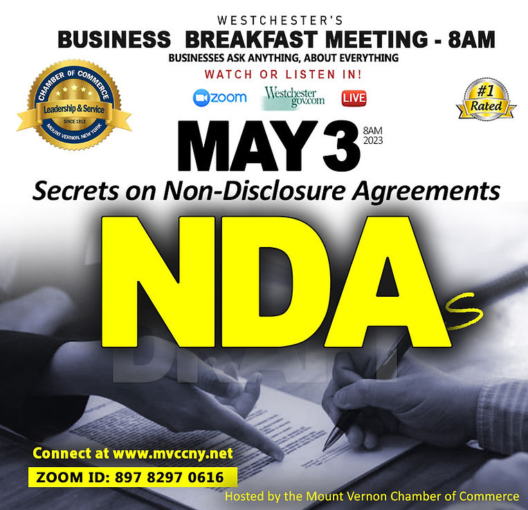 MAY-2023 Chamber of Commerce event flyer for Virtual Business Breakfast Meeting Topic Non Disclosure Agreements