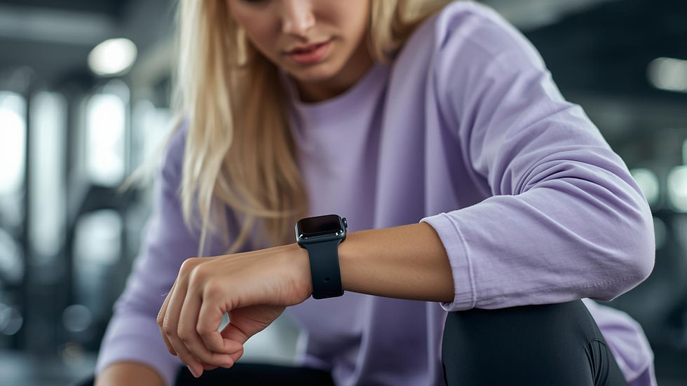 Ein Bild von einer weiblichen jungen Person mit blonden Haaren, die eine Smartwatch trägt. Der Blick bzw. das Gesicht ist deutlich auf die Smartwatch gerichtet. Sie ist gerade im Fitnessstudio und hat Sportklamotten an: eine schwarze Leggins und ein Oversize Shirt (pastell lila farbend). Das Gesicht ist nicht vollständig zu sehen.