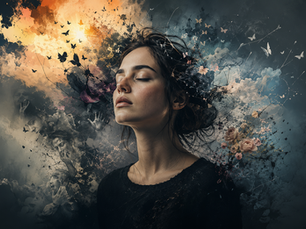 Illustration artistique représentant une personne hypersensible traversant une multitude d'émotions tout en recherchant un équilibre intérieur.