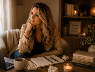 Femme réfléchissant devant un ordinateur et des notes, illustrant la procrastination et la difficulté à passer à l'action.