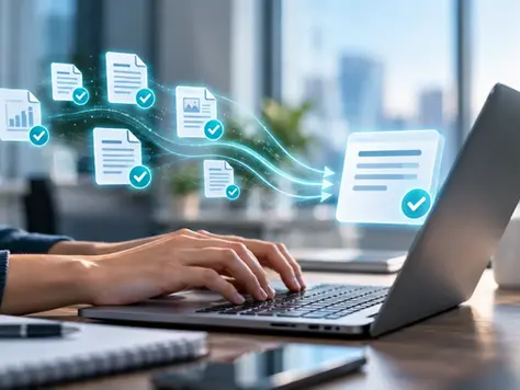 Hand typing at a laptop as scattered document icons merge into one approved file, representing how a workplace AI policy consolidates guidelines into a single source of truth