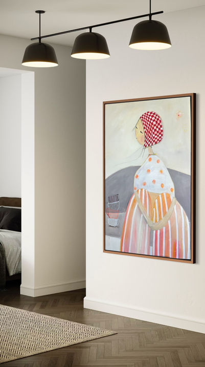 Figurative illustrative art girl sitting on a couch waiting 