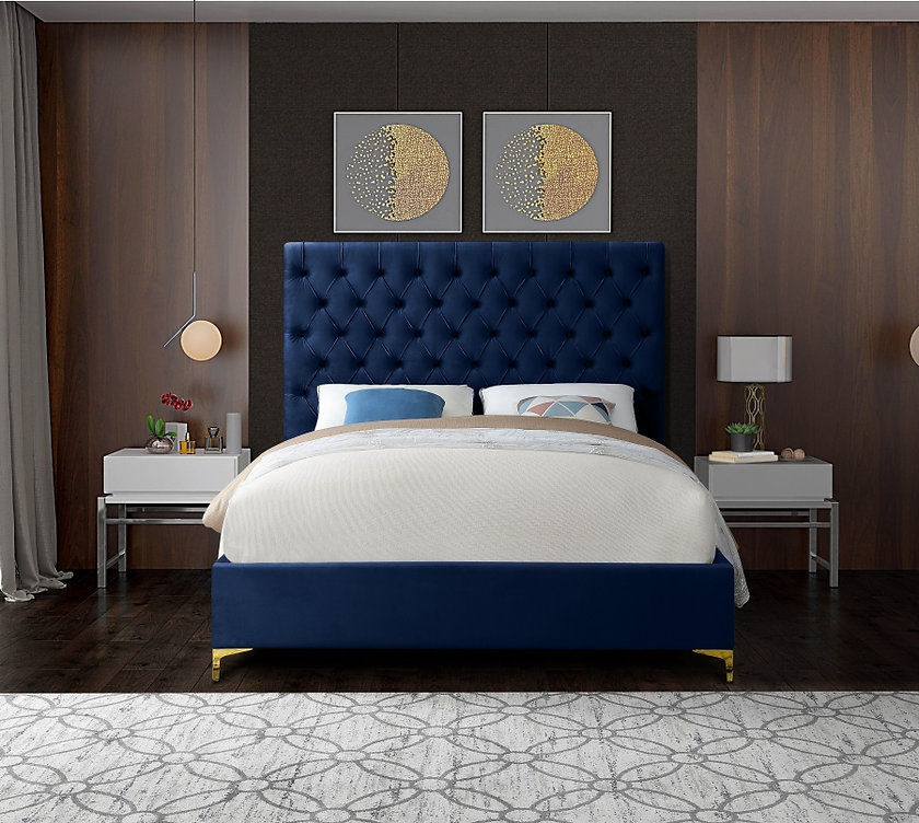 Thumbnail: Bonny CREME/BLUE/BLACK/GREY Velvet Fabric Deep Button Tufted Bed