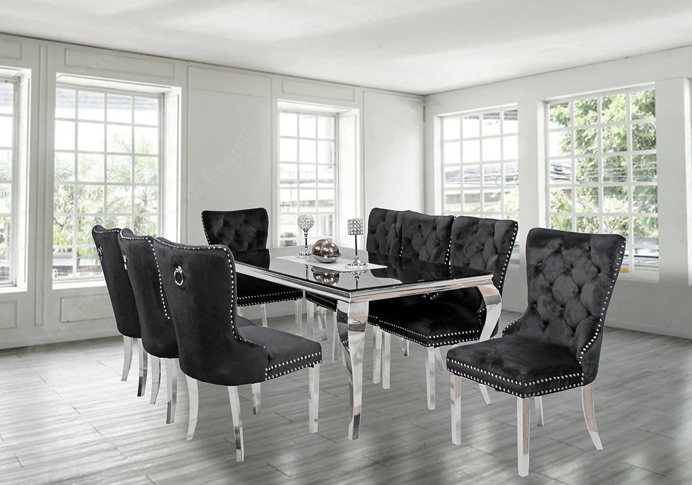Thumbnail: Remiel Black Glass Dining Table + Sariel Chair Set
