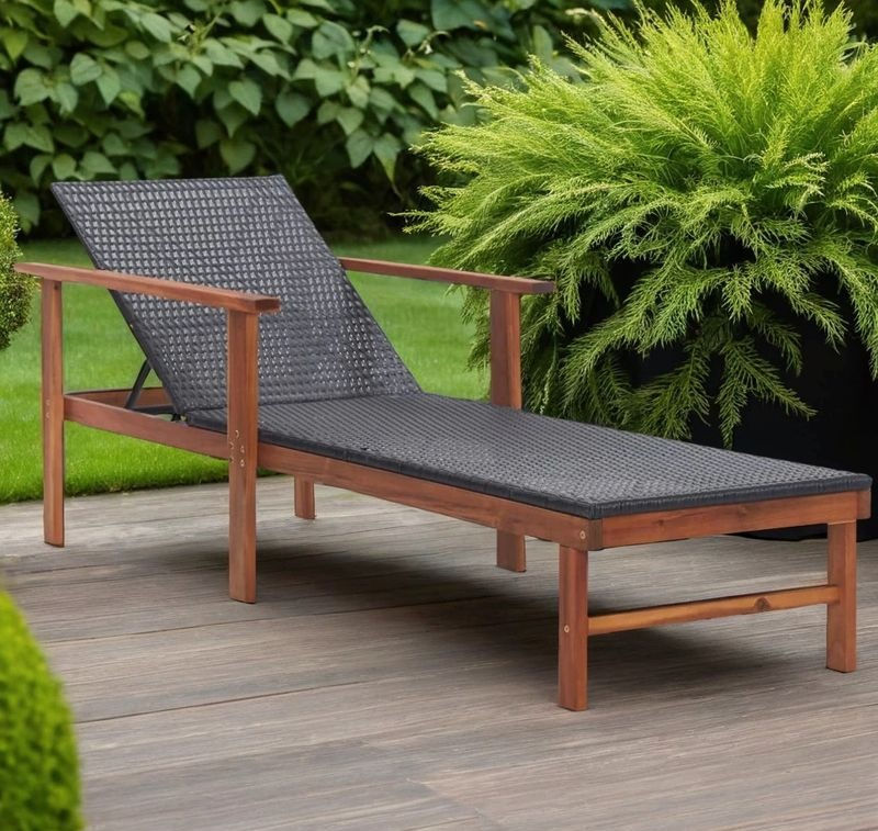 Chaise longue et coussin Résine tressée et bois d'acacia Noir