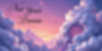 A dreamy, surreal landscape with fluffy white clouds floating in a pastel purple and orange sky during sunset. A large, intricate mandala-like structure emerges from the clouds on the right. Below, vibrant pink and white lotus flowers bloom amidst lush greenery. Birds soar in the sky, and glowing orbs of light hover near the flowers. The text "Not Your Dream" is written in elegant black script at the top left.