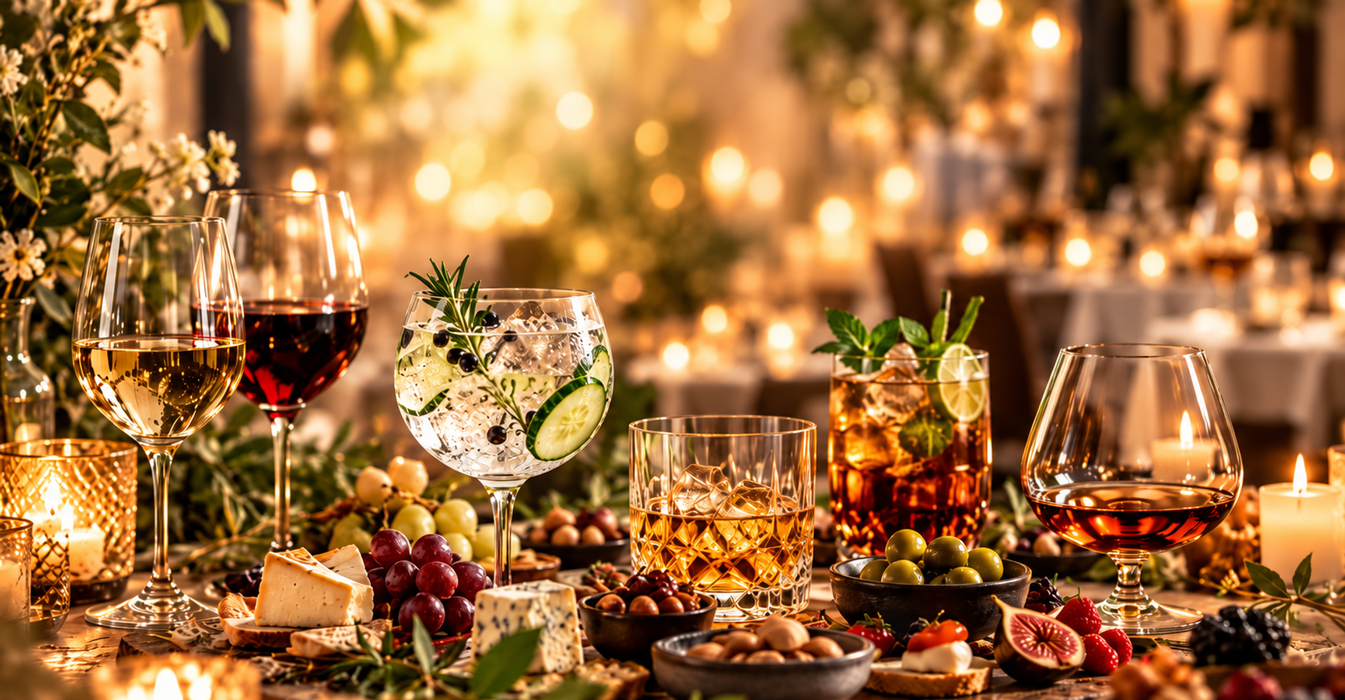 Tasting-Tafel mit Wein, Gin, Whisky und Rum