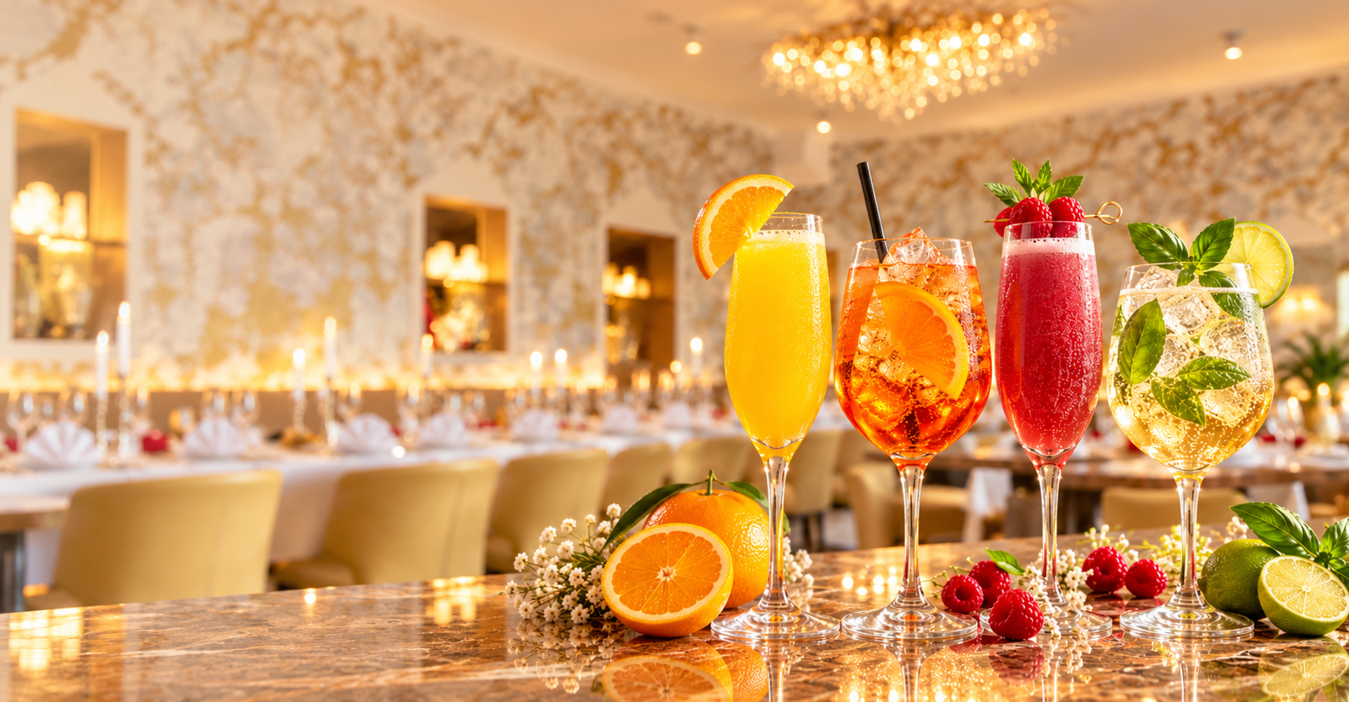 Mimosa- und Spritz-Kreationen im Goldlicht