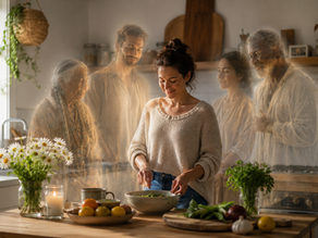 A woman cooking peacefully in a warm kitchen surrounded by four translucent spirit guide figures, representing the loving presence of spirit guides in everyday life used in a blog post about spirit guides and soul-led healing by New Leaf Hypnosis.