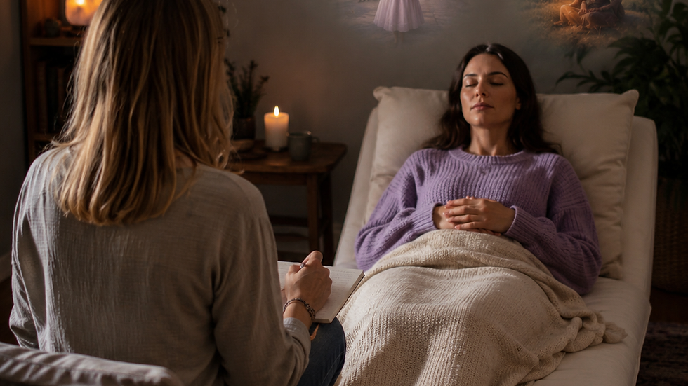 Hypnotherapist Allie of New Leaf Hypnosis guiding a client through a past life regression session, a form of soul-led healing and spiritual hypnotherapy.