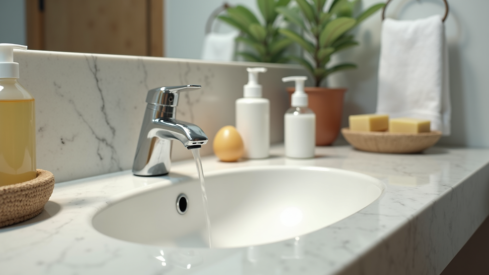 Eye-level view of a bathroom sink with goat milk soap and natural skincare products