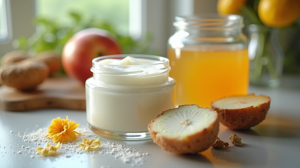 Eye-level view of a jar of cream with natural ingredients around it