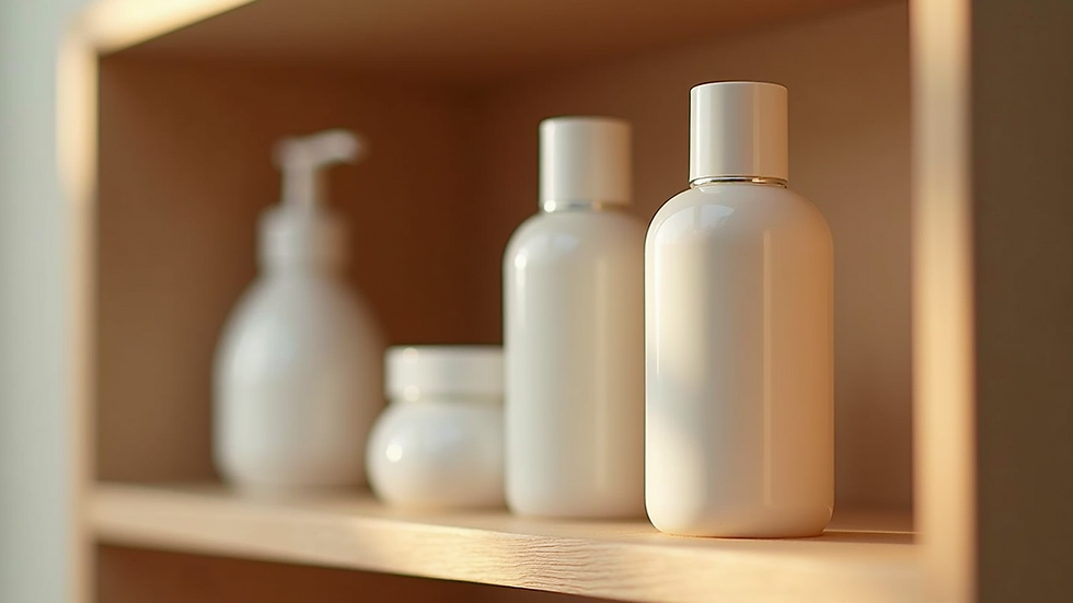 Close-up view of a variety of skincare bottles on a wooden shelf