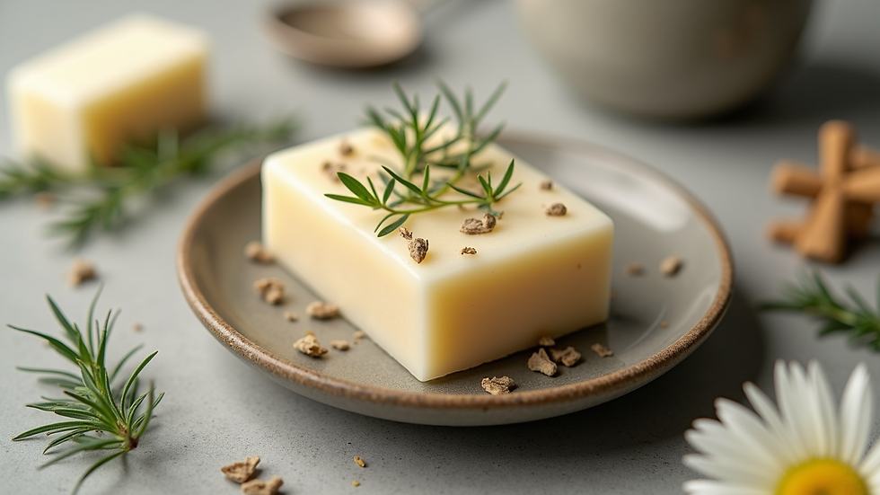 High angle view of a soap dish holding a bar of goat milk soap with herbs