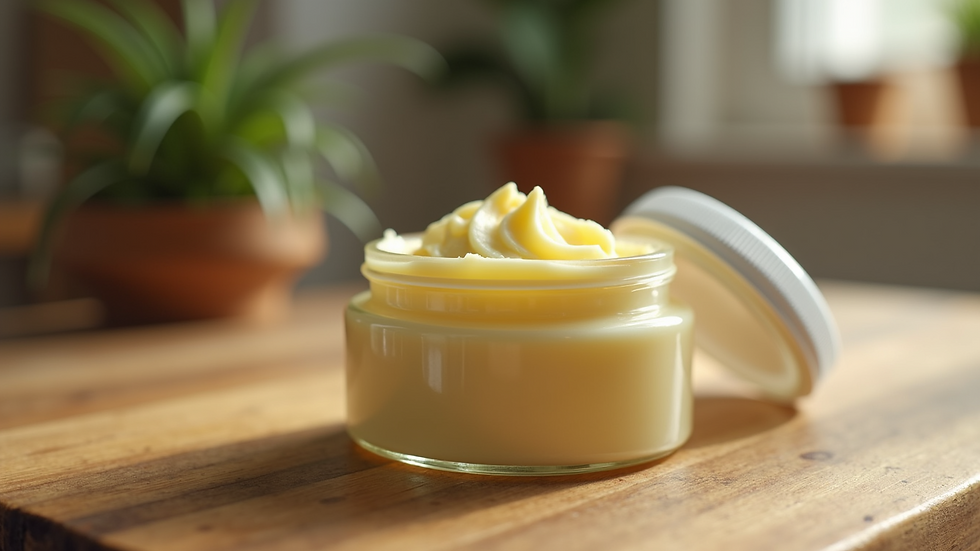 Eye-level view of a jar of natural body butter on a wooden surface
