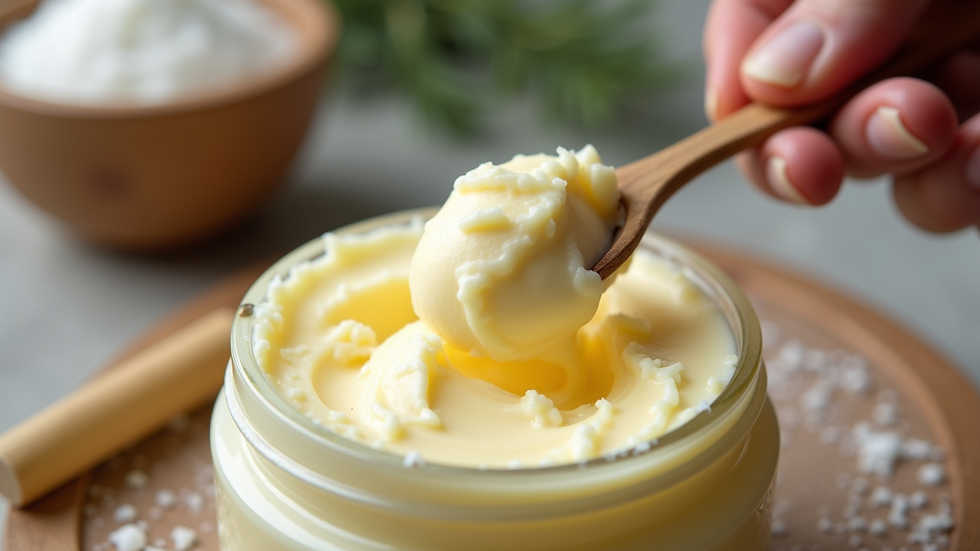 Close-up view of a hand scooping body butter from a jar
