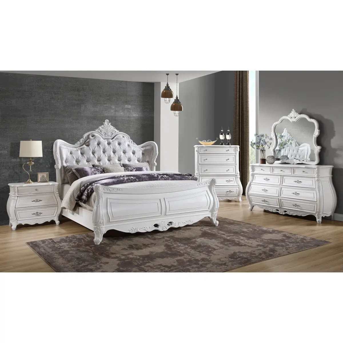 Snow Collection: Bed/dresser/mirror/chest & 1 nite stand