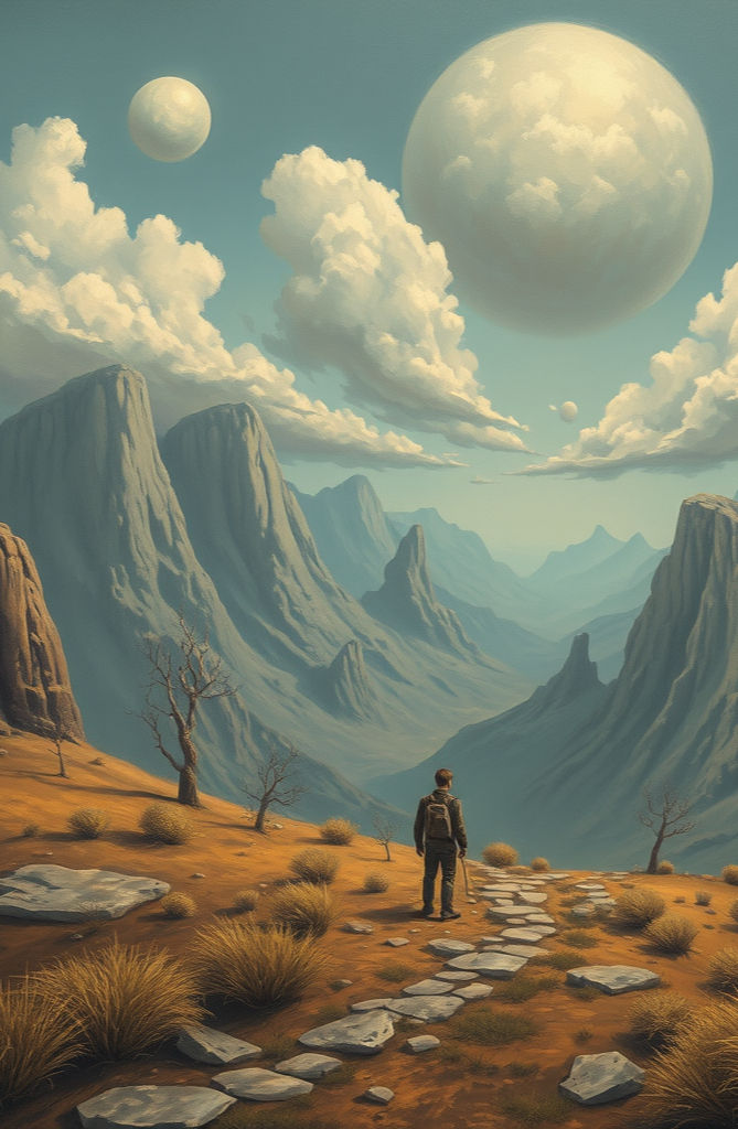 A person with a backpack stands on a rocky path in a surreal, mountainous landscape, evocative of the archetype of the hero's journey. 