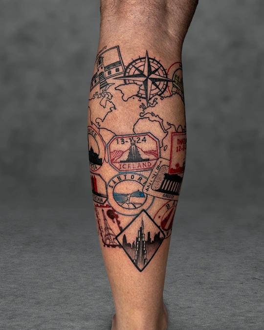 Full leg tattoo displaying travel stamps and iconic landmarks from various countries, incorporating fine line and color techniques.