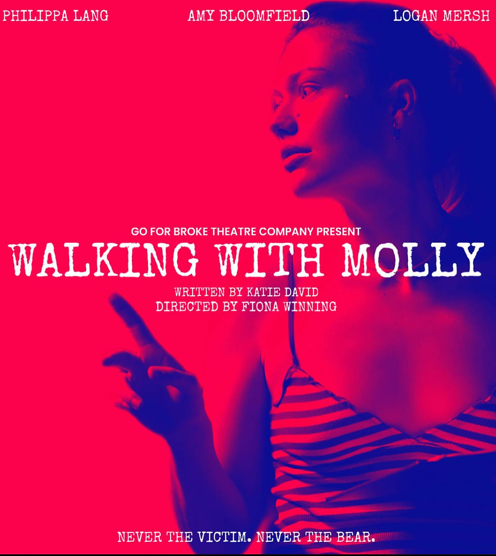 A woman in striped attire points in a red and blue-lit scene. Text: Walking with Molly by Katie David, directed by Fiona Winning.