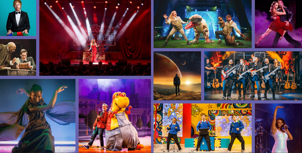 Collage of performances: singers, dancers, actors, puppet show, band with guitars, and a planetary backdrop. Vibrant colors and dynamic poses.
