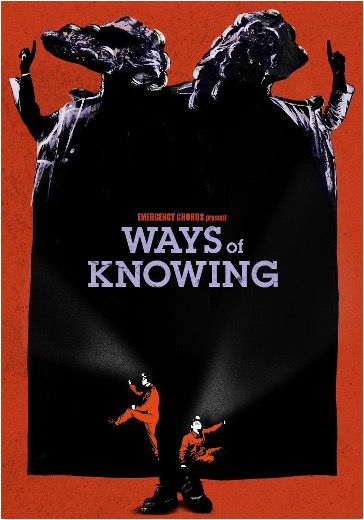 Two figures with cow heads and dark clothes stand with arms raised on a red background. Two dancers in orange below. Text: "Ways of Knowing."